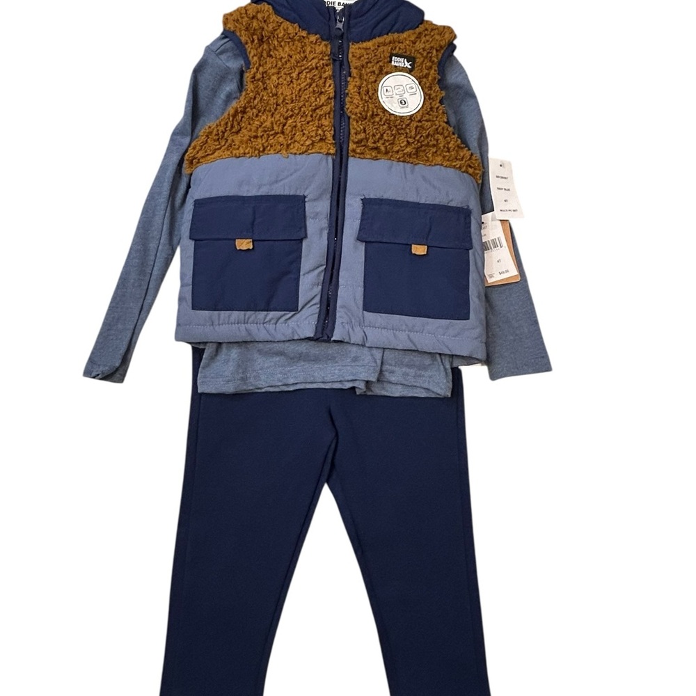Eddie Bauer Boy’s 3-PC Blue and‎ Brown Vest Shirt Pants Full Outfit 4T NWT